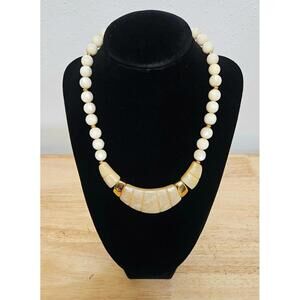Vintage Napier Ivory & Gold Bib Choker Necklace /Round Pale Ivory Beads 16"